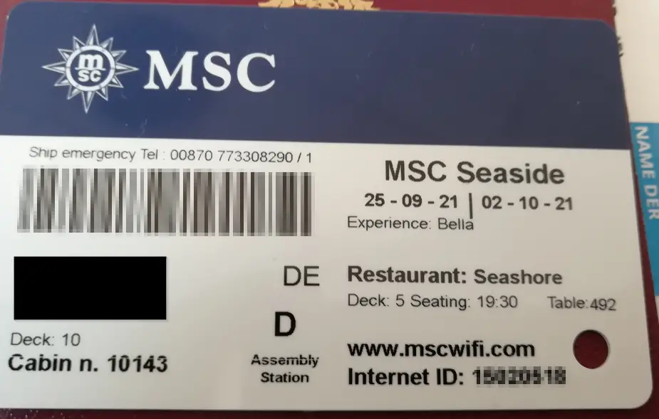 Cruise Card der Kreuzfahrt Reederei MSC auf der MSC Seaside