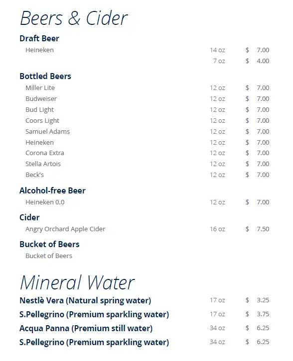 Getränke Karte bei MSC Cruises mit Bier und Cider